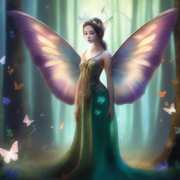 A short human fey with delicate butterfly wings and antennae, standing in a mystical forest