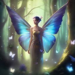 A short human fey with delicate butterfly wings and antennae, standing in a mystical forest