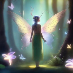 A short human fey with delicate butterfly wings and antennae, standing in a mystical forest