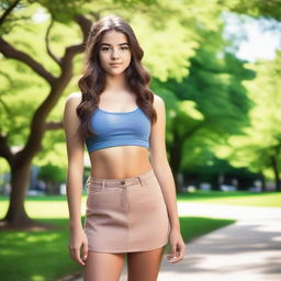 A high quality professional photo of a 16-year-old girl exuding confidence, standing tall in a vibrant summer park setting