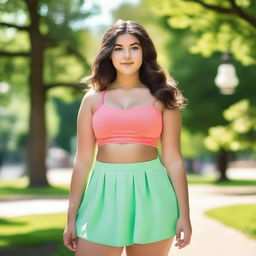 A high quality professional photo of a 16-year-old girl exuding confidence, standing tall in a vibrant summer park setting