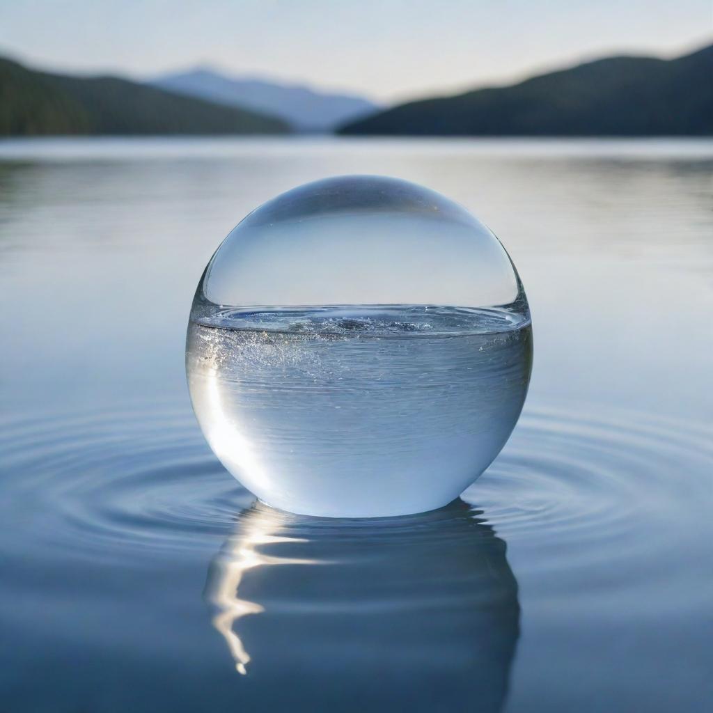 A clear crystal-like sphere encapsulating a swirl of pristine, sparkling water against a tranquil background.