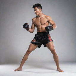 A dynamic Muay Thai and kickboxing composite stance. An athlete in a power-packed ready position that subtly blends the distinct elements of both martial arts styles.