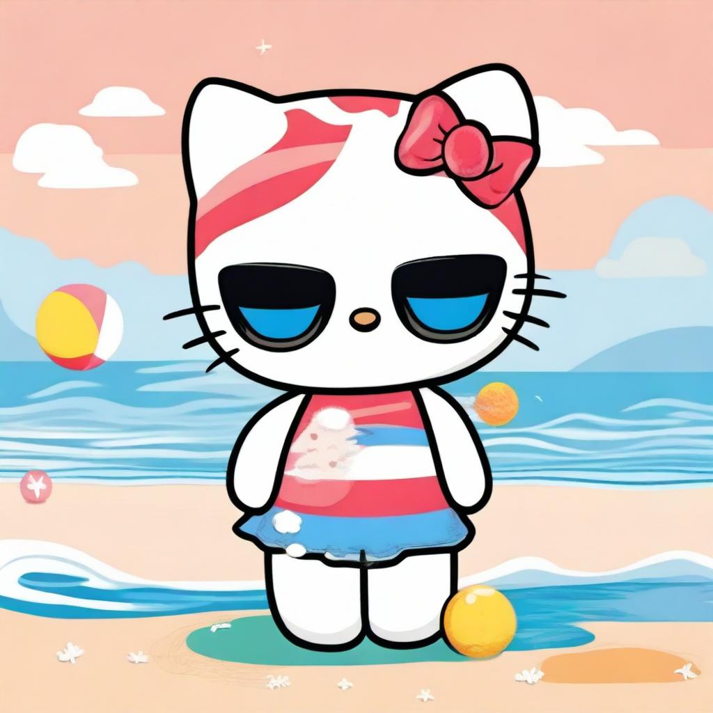 A cute illustration of Hello Kitty enjoying a sunny day at the beach