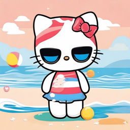 A cute illustration of Hello Kitty enjoying a sunny day at the beach