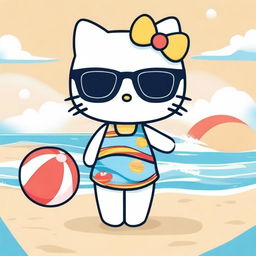 A cute illustration of Hello Kitty enjoying a sunny day at the beach