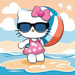 A cute illustration of Hello Kitty enjoying a sunny day at the beach