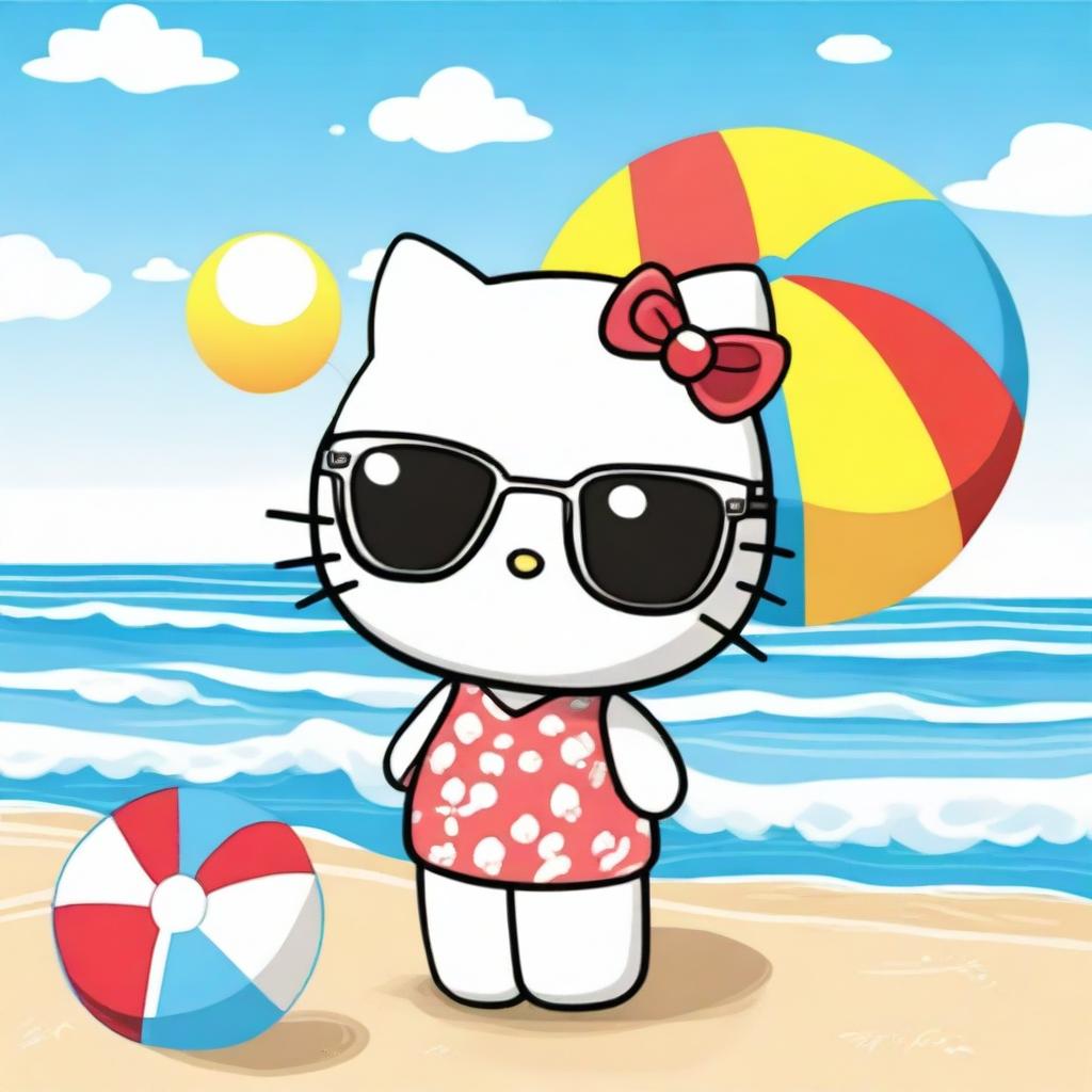 A cute illustration of Hello Kitty enjoying a sunny day at the beach