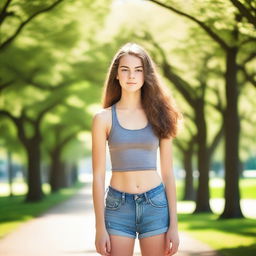 A high quality professional photo of a tall 16-year-old girl exuding confidence in the park on a bright summer morning