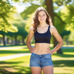 A high quality professional photo of a tall 16-year-old girl exuding confidence in the park on a bright summer morning