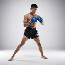 A dynamic Muay Thai and kickboxing composite stance. An athlete in a power-packed ready position that subtly blends the distinct elements of both martial arts styles.