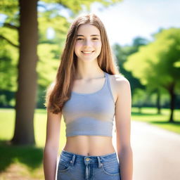 A high quality professional photo of a tall 16-year-old girl exuding confidence in the park on a bright summer morning