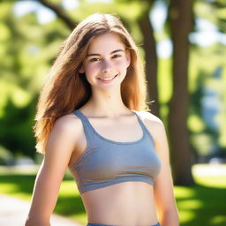 A high quality professional photo of a tall 16-year-old girl exuding confidence in the park on a bright summer morning