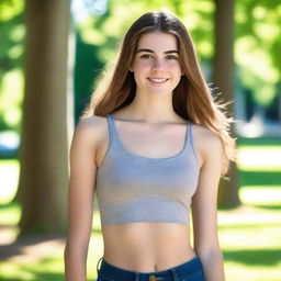 A high quality professional photo of a tall 16-year-old girl exuding confidence in the park on a bright summer morning