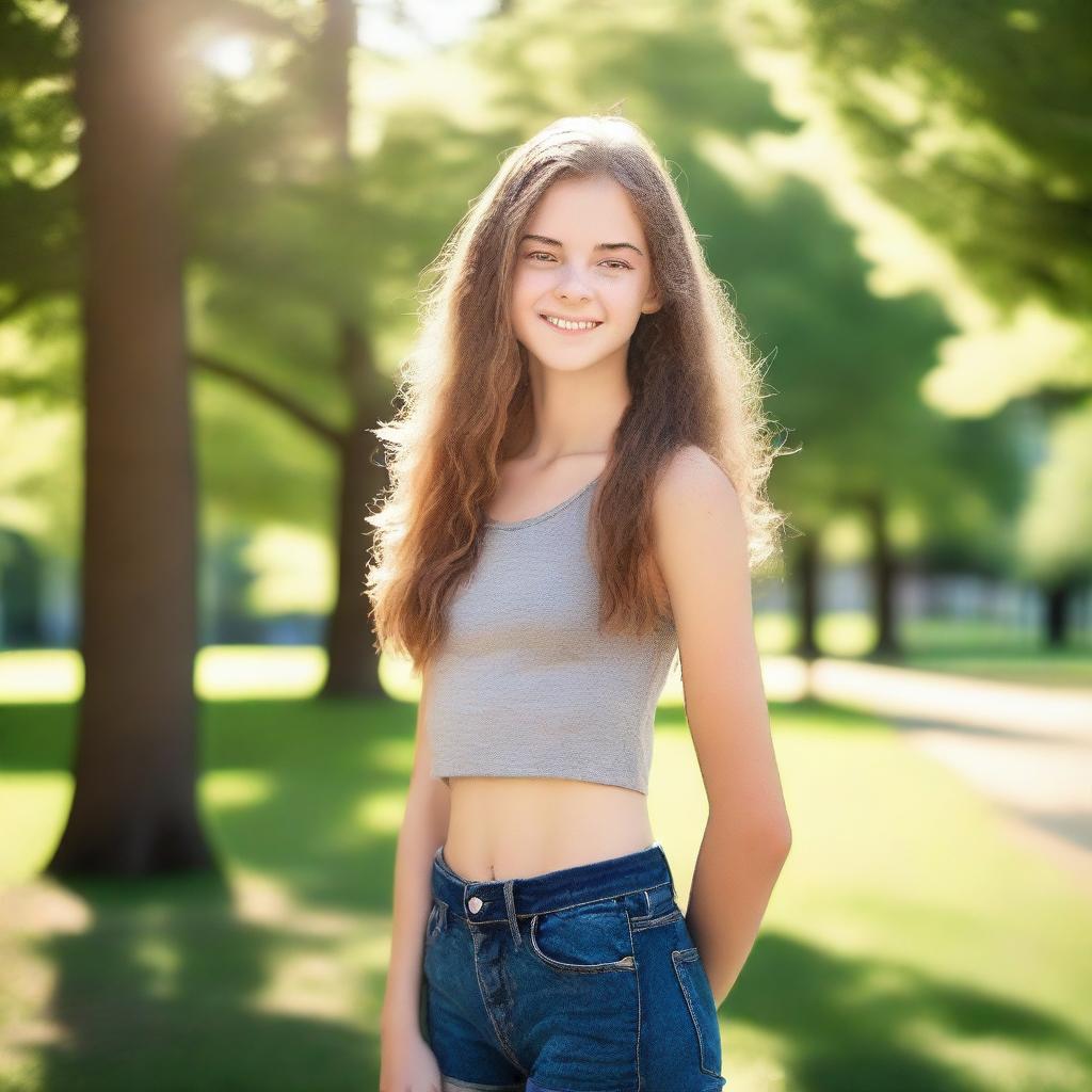 A high quality professional photo of a tall 16-year-old girl exuding confidence in the park on a bright summer morning