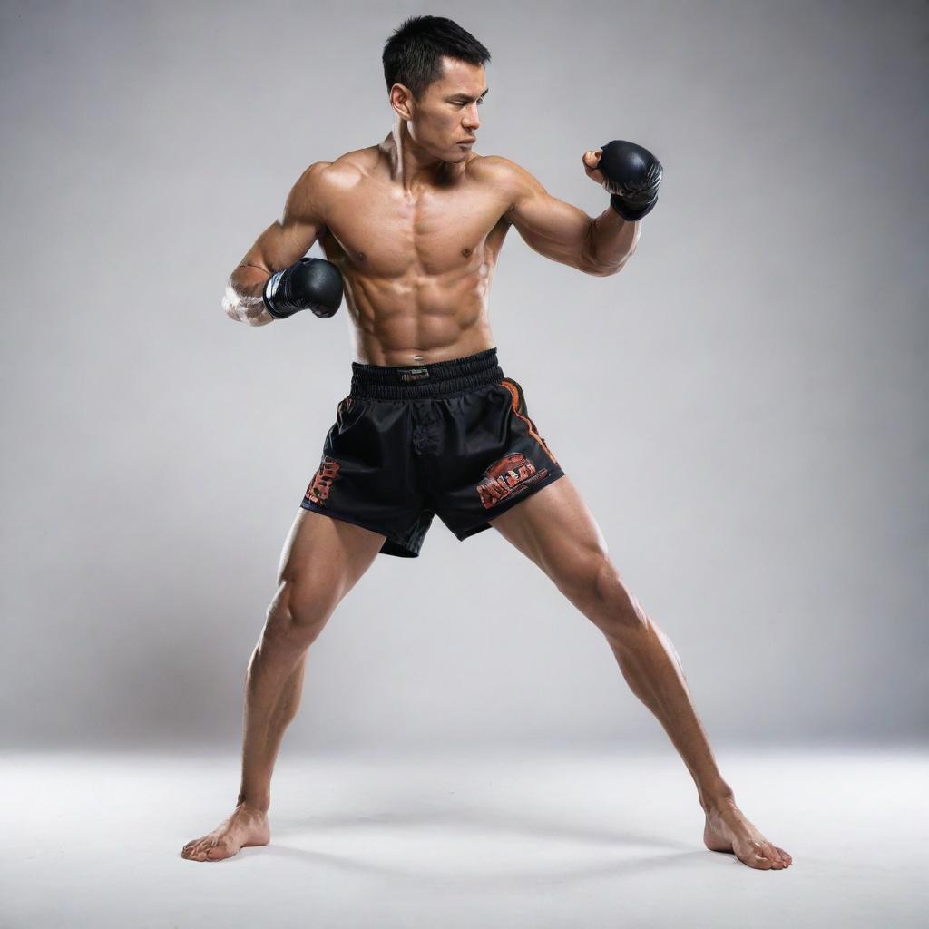 A dynamic Muay Thai and kickboxing composite stance. An athlete in a power-packed ready position that subtly blends the distinct elements of both martial arts styles.