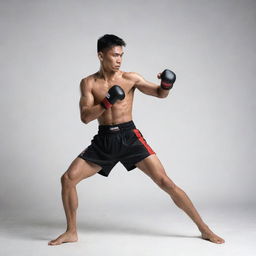 A dynamic Muay Thai and kickboxing composite stance. An athlete in a power-packed ready position that subtly blends the distinct elements of both martial arts styles.