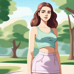 A high quality illustration of a 16-year-old Caucasian girl exuding confidence in a park on a bright summer morning