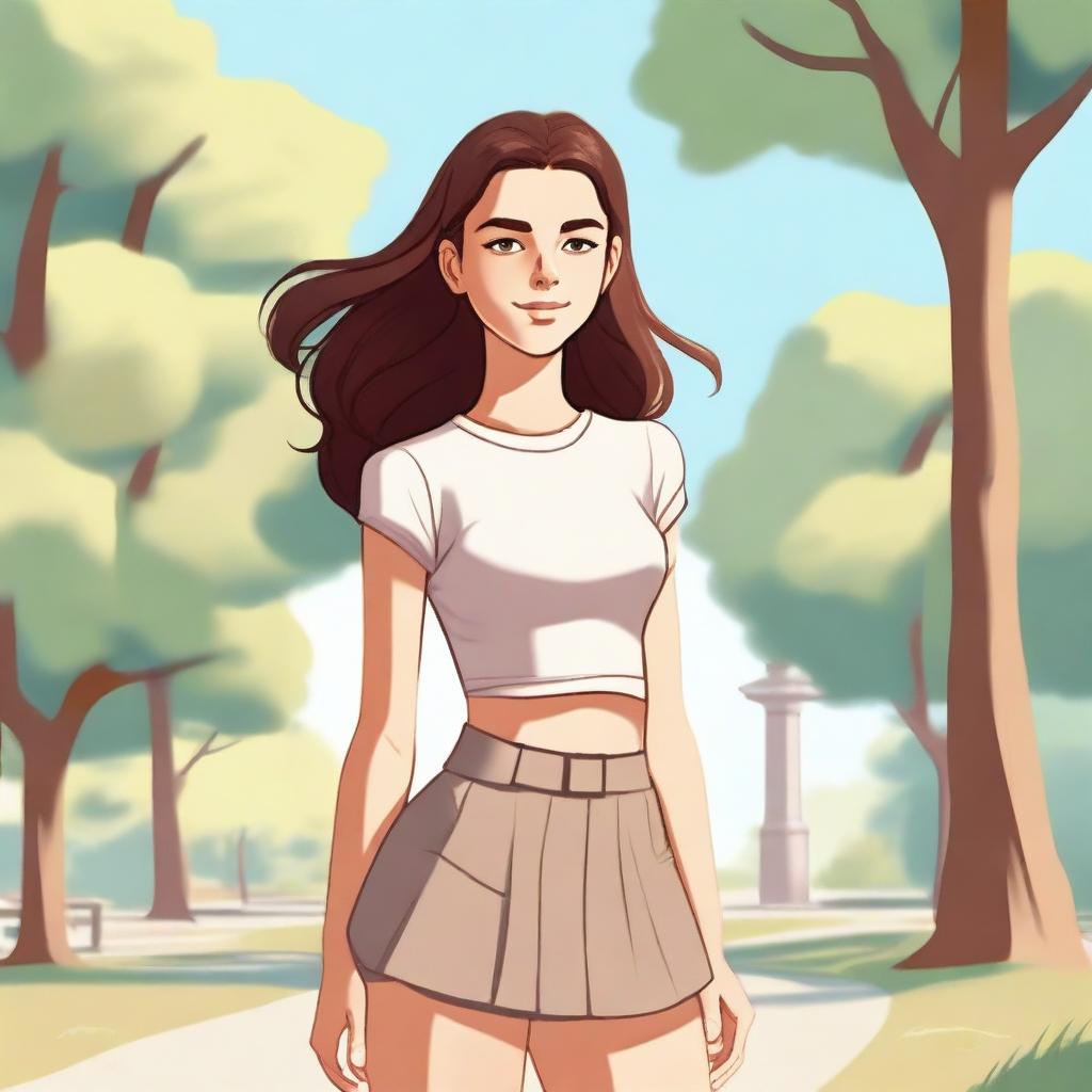 A high quality illustration of a 16-year-old Caucasian girl exuding confidence in a park on a bright summer morning