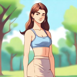 A high quality illustration of a 16-year-old Caucasian girl exuding confidence in a park on a bright summer morning