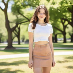 A high quality photo of a 16-year-old Caucasian girl exuding confidence in a park on a bright summer morning