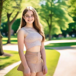 A high quality photo of a 16-year-old Caucasian girl exuding confidence in a park on a bright summer morning