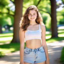 A high quality portrait of a 16-year-old Caucasian girl exuding confidence in a park on a bright summer morning