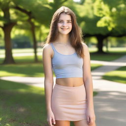 A high quality portrait of a 16-year-old Caucasian girl exuding confidence in a park on a bright summer morning