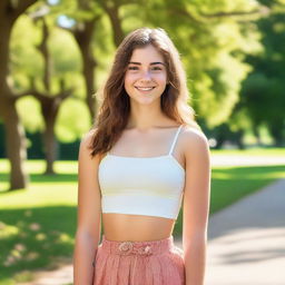 A high quality portrait of a 16-year-old Caucasian girl exuding confidence in a park on a bright summer morning