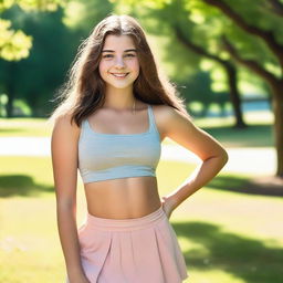 A high quality portrait of a 16-year-old Caucasian girl exuding confidence in a park on a bright summer morning