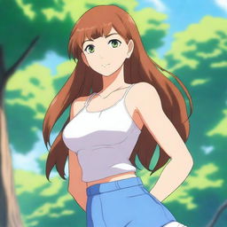 A high quality portrait of a 16-year-old Caucasian anime girl exuding confidence in a park on a bright summer morning