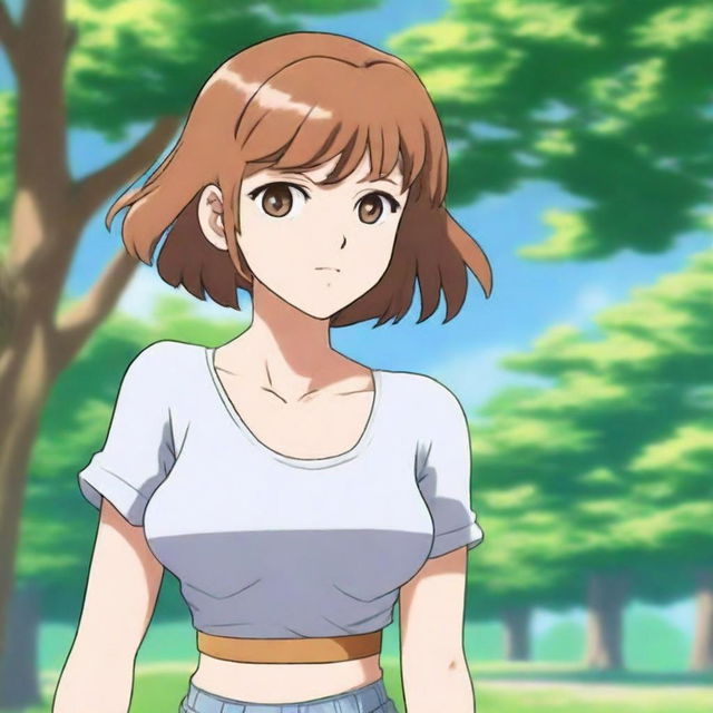 A high quality portrait of a 16-year-old Caucasian anime girl exuding confidence in a park on a bright summer morning