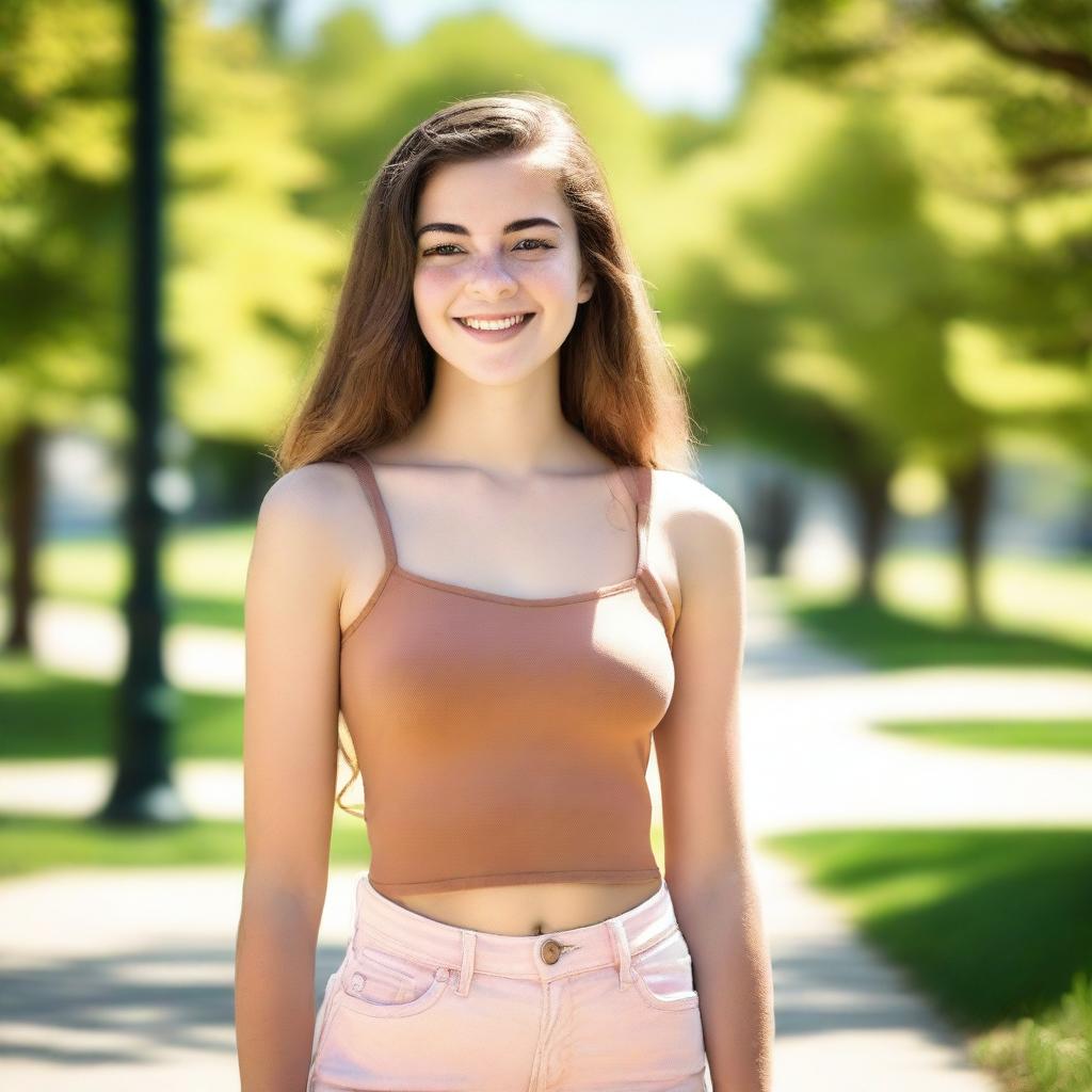 A high quality portrait of a 16-year-old Caucasian American comic girl exuding confidence in a park on a bright summer morning