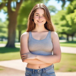 A high quality portrait of a 16-year-old Caucasian American comic girl exuding confidence in a park on a bright summer morning