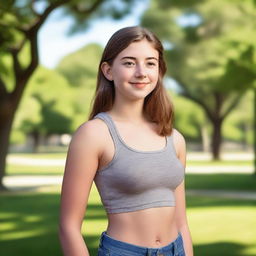 A high quality portrait of a 16-year-old Caucasian American comic girl exuding confidence in a park on a bright summer morning