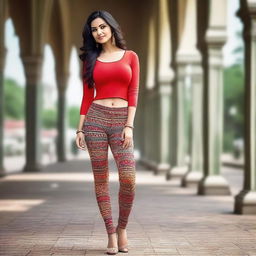 A beautiful Indian woman wearing stylish leggings, posing confidently