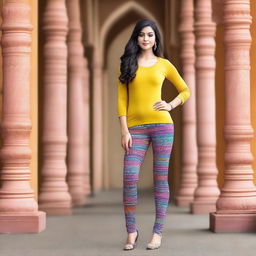 A beautiful Indian woman wearing stylish leggings, posing confidently