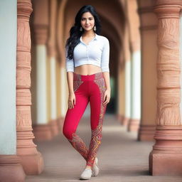 A beautiful Indian woman wearing stylish leggings, posing confidently