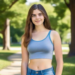 A high quality portrait of a 16-year-old Caucasian American comic girl exuding confidence in a park on a bright summer morning