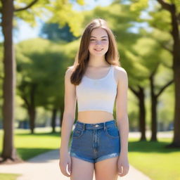 A high quality portrait of a 16-year-old Caucasian American comic girl exuding confidence in a park on a bright summer morning