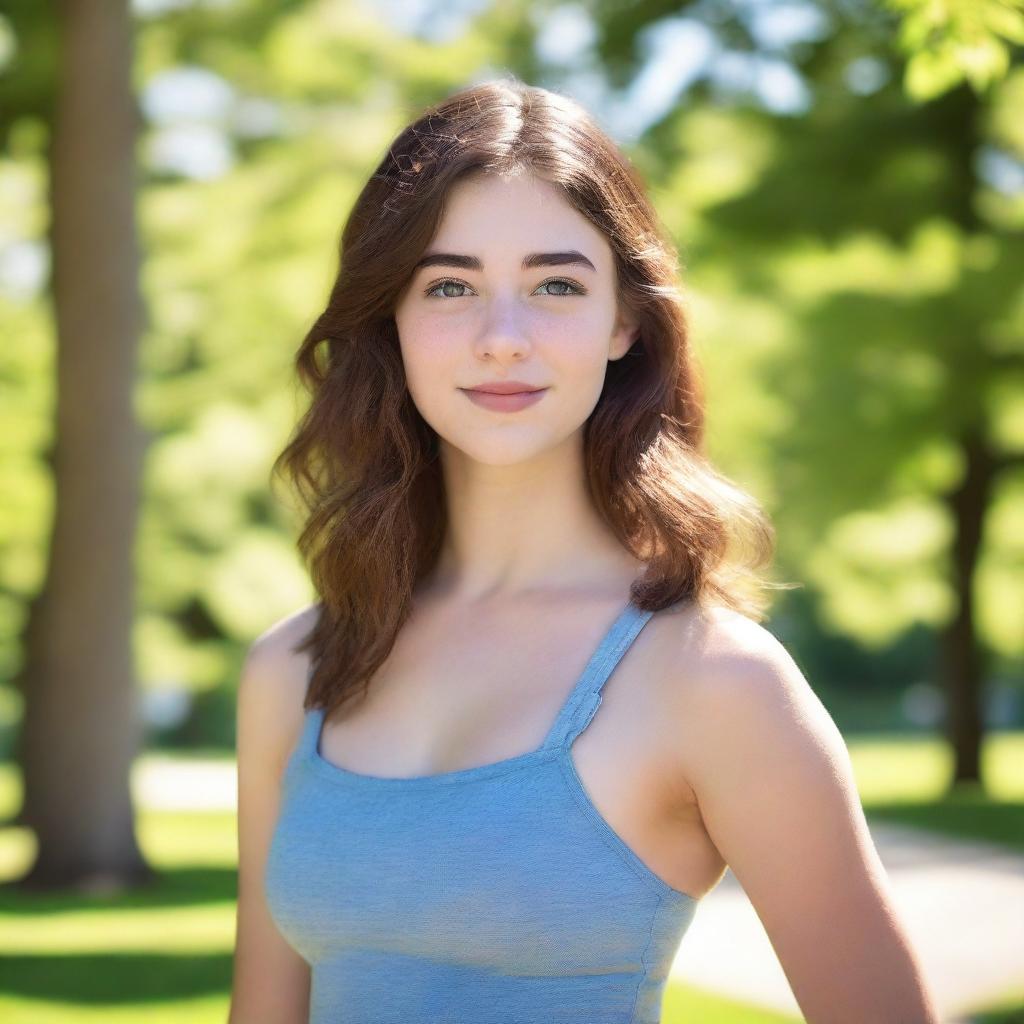 A high quality portrait of a 16-year-old Caucasian American comic girl exuding confidence in a park on a bright summer morning