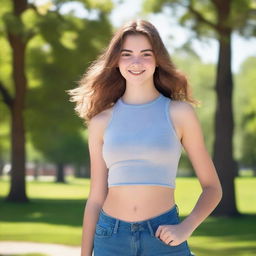 A high quality portrait of a 16-year-old Caucasian American comic girl exuding confidence in a park on a bright summer morning