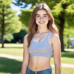 A high quality portrait of a 16-year-old Caucasian American comic girl exuding confidence in a park on a bright summer morning