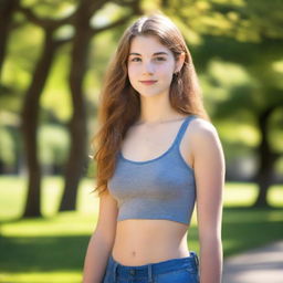 A high quality portrait of a 16-year-old Caucasian American comic girl exuding confidence in a park on a bright summer morning