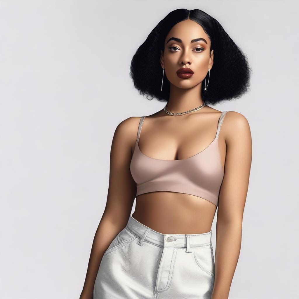 A detailed portrait of Jorja Smith with a chubbier appearance, capturing her unique style and elegance