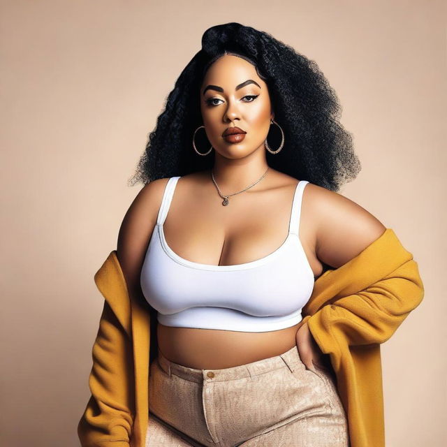 A detailed portrait of Jorja Smith with a BBW (Big Beautiful Woman) appearance, capturing her unique style and elegance