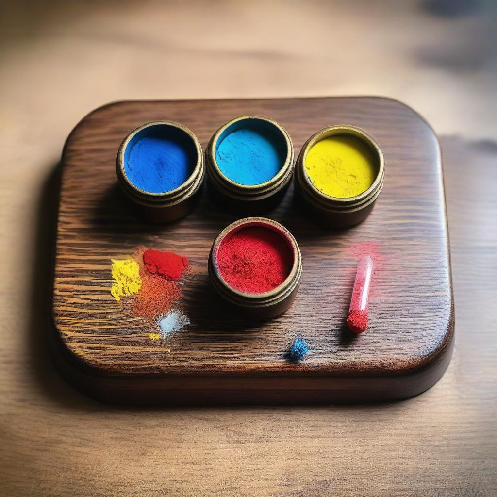 A wooden table with three small ornate vials filled with powder