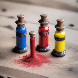 A wooden table with three small ornate vials filled with powder