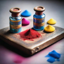 A wooden table with three small ornate vials filled with powder