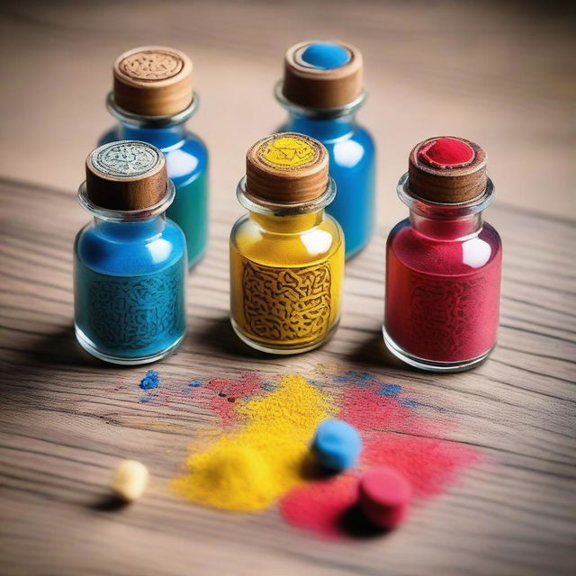 A wooden table with three small ornate vials filled with powder